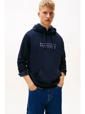 Tommy Hilfiger Erkek Pamuklu Logolu Kapüşonlu Sweatshirt - Lacivert
