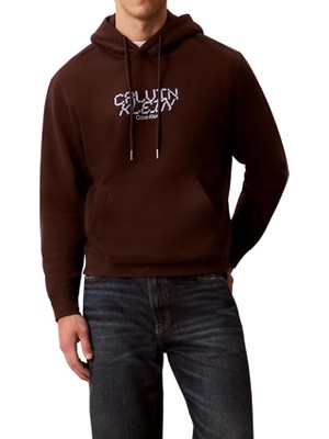 Calvin Klein Erkek Kapüşonlu Baskılı Sweatshirt - Kahverengi