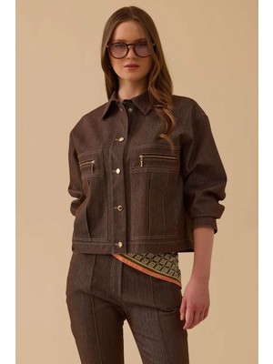 Seçil Kadın Fermuar Detaylı Bel Boy Jean Ceket - Kahverengi