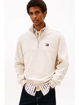 Tommy Hilfiger Erkek Yarım Fermuarlı Logolu Sweatshirt - Bej