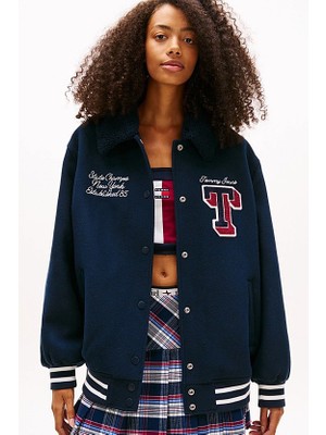 Tommy Hilfiger Kadın Yün Karışımlı Oversize Kolej Ceketi - Lacivert