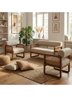 Alaves Hazeran Jüt Çay Seti Ceviz Ahşap,sütlü Kahve (1 Adet Ikili Berjer 2 Adet Tekli Berjer)