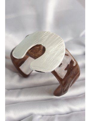 Marsilyan Kahverengi Mermer Desen Akrilik Plastik Gümüş Plaka Model Vintage Kadın Bilezik - TJ-BB6668