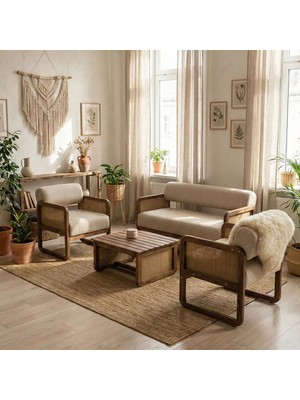 Alaves Hazeranjüt Çay Seti Ceviz Ahşap,sütlü KAHVE(1ADET Ikili BERJER2ADET Tekli Berjer 1ADET Sehpa)