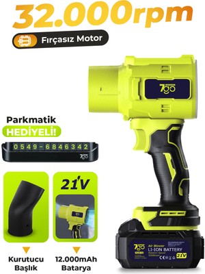 7go 7GAB01 21V Kablosuz Hava Üfleyici | 32.000RPM Turbo Fan, 12.000MAH Batarya, Bahçe & Araç Kurutma, Toz Temizleme