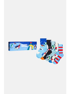 Happy Socks - Çocuk Çok Renkli Penguen Desenli 5\'li Pamuklu Çorap Seti