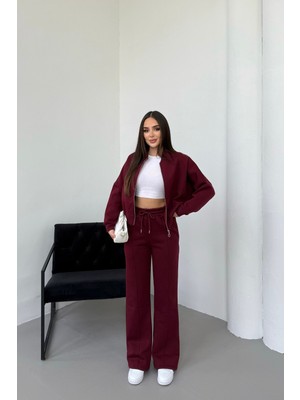 Mezka Kadın Şardonlu Fermuar Detaylı Üç Iplik Kışlık Bordo Eşofman Takımı