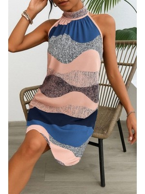 MiraLive Miray- Kadın Kolsuz Boyundan Askılı Desenli Midi Süprem Elbise