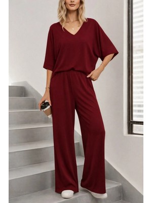 MiraLive Miray- Kadın Kısa Kollu V Yakalı Viskon Bluz ve Pantolon Ikili Takım
