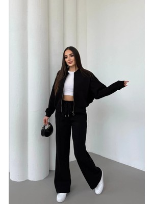 Mezka Kadın Şardonlu Fermuar Detaylı Üç Iplik Kışlık Siyah Eşofman Takımı