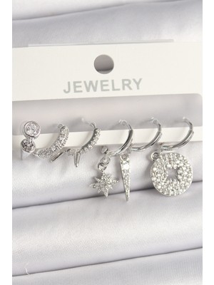 Marsilyan Pirinç Gümüş Renk Zirkon Taşlı Çoklu Figür Kadın Küpe Seti - TJ-BKP10103