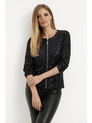 MiraLive Miray- Kadın Uzun Kollu Önü Fermuarlı Kısa Pulpayet Ceket