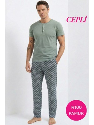 Seamlife Erkek Yeşil Çizgi Desenli 3 Düğmeli Bisiklet Yaka %100 Pamuk Penye Kısa Kol Cepli Pijama Takımı