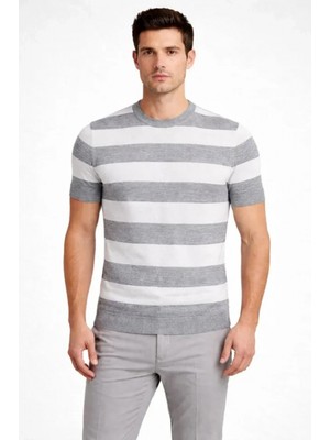 MiraLive Miray- Erkek T-Shirt Çizgili Triko Dokuma Bisiklet Yaka Tişört - Gri