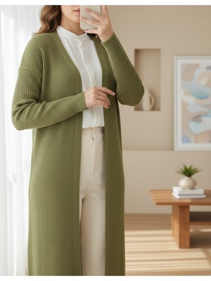 Modamorfo Yanları Yırtmaçlı Fitilli Uzun Triko Hırka  -Haki