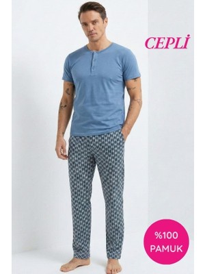 Seamlife Erkek Mavi Çizgi Desenli 3 Düğmeli Bisiklet Yaka %100 Pamuk Penye Kısa Kol Cepli Pijama Takımı