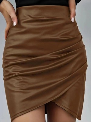 MiraLive Miray- Kadın Yüksek Bel Yandan Fermuarlı Pileli Mini Deri Etek
