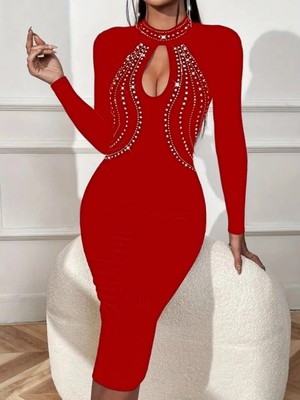 MiraLive Miray- Kadın Uzun Kollu Balıkçı Yaka Taşlı Damla Detay Midi Ithal Krep Elbise