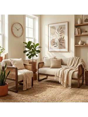 Alaves Hazeran Jüt Çay Seti Ceviz Ahşap,sütlü Kahve (1 Adet Ikili Berjer 1 Adet Tekli Berjer)