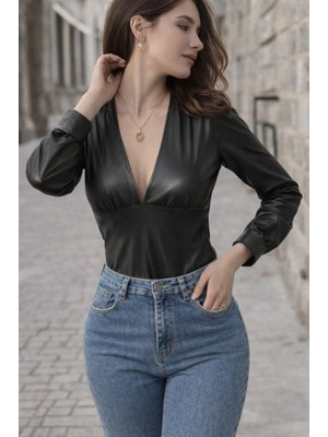 MiraLive Miray- Kadın Uzun Kollu Derin V Yakalı Deri Zıbın