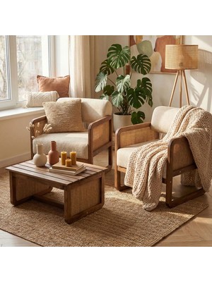 Alaves Hazeran Jüt Çay Seti Ceviz Ahşap,sütlü Kahve (2 Adet Tekli Berjer 1 Adet Sehpa)