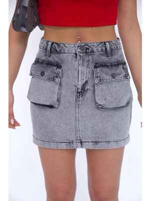 Zeo Basic Kargo Cepli Grey Mini Skirt