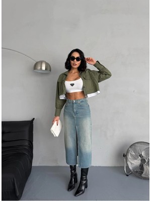 Zeo Basic Maxı Boy Yırtmaçlı Tint Jean Etek