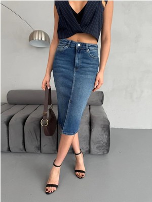 Zeo Basic Yırtmaçlı Midi Boy Jean Etek