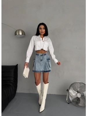 Zeo Basic Kargo Cepli Pileli Mini Denım Etek