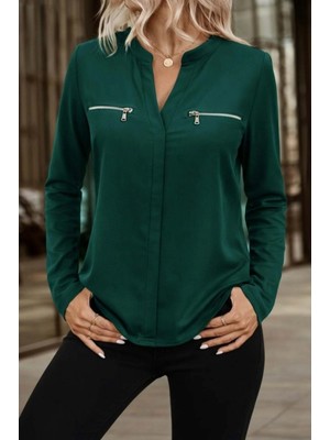 MiraLive Miray- Kadın Uzun Kollu V Hakim Yaka Fermuar Detaylı Viskon Bluz