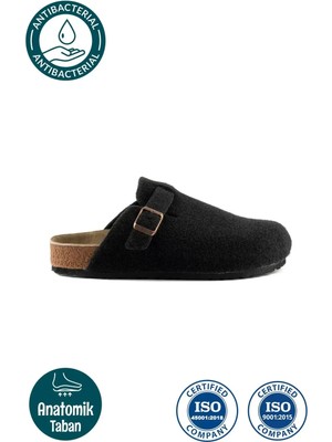 Roy Jones Kadın Yün Keçe Terlik Modelleri Siyah Tekstil Malzeme ile Ev Kullanımı İçin Rahat