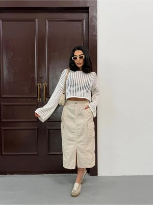 Zeo Basic Paraşüt Kumaş Bel ve Paça Lastik ve Kargo Cep Detaylı Midi Etek