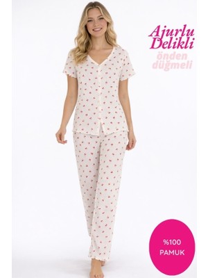 Seamlife Kadın Beyaz Kiraz Desenli Yakasız Önden Düğmeli %100 Pamuk Penye Ajurlu/Delikli Kısa Kol Pijama Takımı