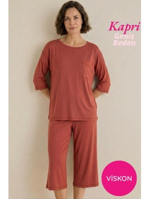 Bie's Düğmesiz Geniş Yaka Göğüs Cepli Viskon Kısa Kol Kapri Pijama Takımı-Anne Kalıp Fakir Kol Bermuda