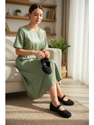 Modayak Velikundura Siyah Taşlı Bantlı  Günlük Babet