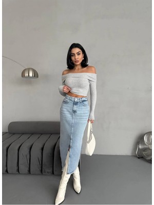 Zeo Basic Kadın Maxı Boy Ön Yırtmaç Detaylı Buz Mavi Kot Etek