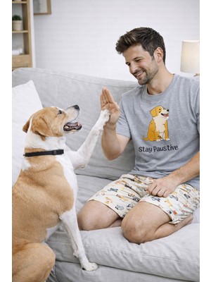 Koza İç Giyim Erkek Pamuklu Köpek Desenli Eğlenceli Cepli Şortlu Pijama Takımı