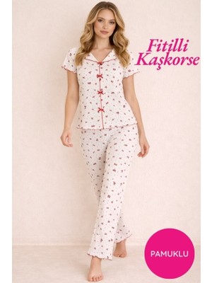Bie's Kadın Kırmızı Çiçek Desenli Fiyonk Detay Kayık Yaka Düğmesiz Fitilli Kaşkorse Kumaş Pamuklu Kısa Kol Pijama Takımı