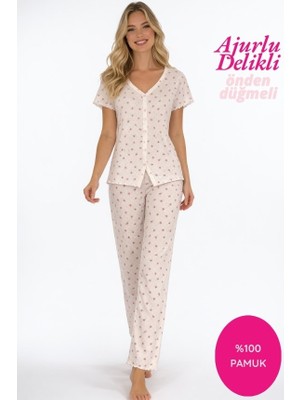 Seamlife Kadın Beyaz Çiçek Desenli Yakasız Önden Düğmeli %100 Pamuk Penye Ajurlu/Delikli Kısa Kol Pijama Takımı