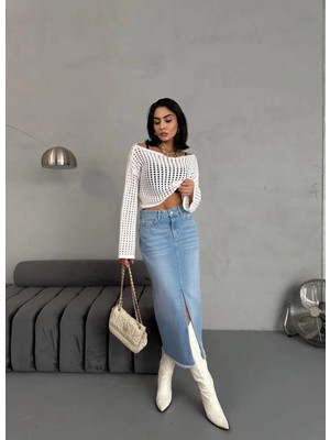 Zeo Basic Kadın Maxı Boy Ön Yırtmaç Detaylı Açık Mavi Kot Etek