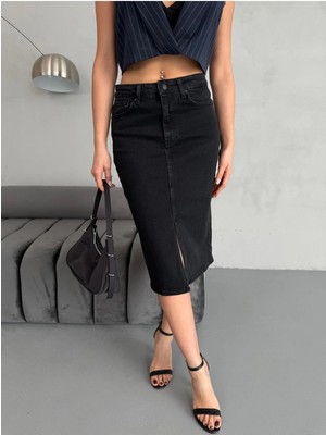 Zeo Basic Yırtmaçlı Midi Boy Likralı  Jean Etek