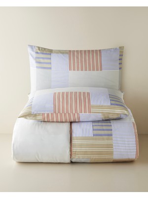 English Home Block Patch Kolay Ütülenir Çift Kişilik Nevresim Seti 200x220 cm Mavi-Kırmızı