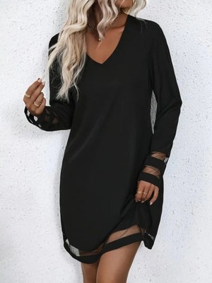 MiraLive Miray- Kadın Uzun Kollu V Yakalı Şeritli Tül Detaylı Ithal Krep Elbise