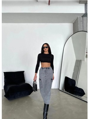Zeo Basic Kargo Cepli Bel Lastikli Maxi Denim Etek Füme