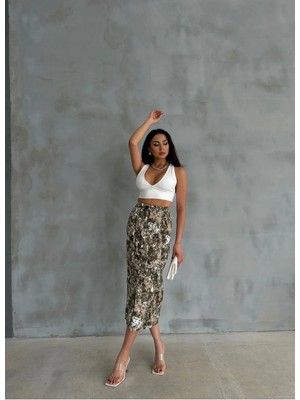 Zeo Basic Paraşüt Kumaş Midi Etek Kahve Kamuflaj  Bel ve Paça Lastikli Kargo Cepli