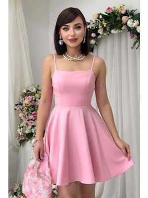 Zishan Fashion Kare Yaka Ince Askılı Mini Elbise - Kabarık Etekli Cocktail Parti Mezuniyet Elbisesi 077