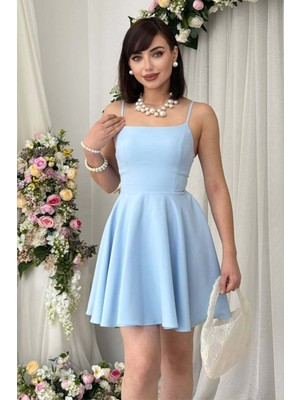 Zishan Fashion Kare Yaka Ince Askılı Mini Elbise - Kabarık Etekli Cocktail Parti Mezuniyet Elbisesi 077