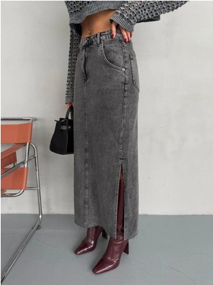 Zeo Basic Yanlardan Yırtmaçlı Füme Jean Maxı Etek