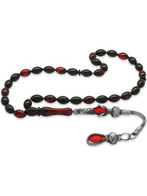 Tesbihane 1000 Ayar Gümüş Kazaz Püsküllü Arpa Kesim Kırmızı-Siyah Ateş Kehribar Tesbih