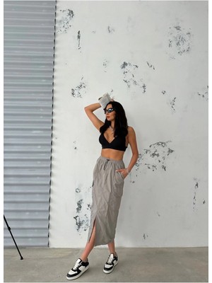 Zeo Basic Paraşüt Kumaş Midi Etek Gri Bel ve Paça Lastikli Kargo Cepli